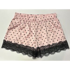 Victoria's Secret Satin Shorts XS Pink With Black Polka Dots Black Lace Trim New
